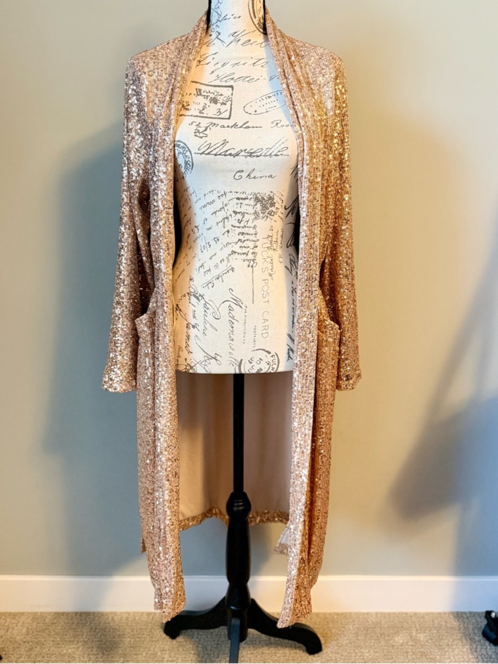 BB Dakota Steve Madden Show Stopper Rose Gold Sequin Duster Cardigan Small - Picture 4 of 10